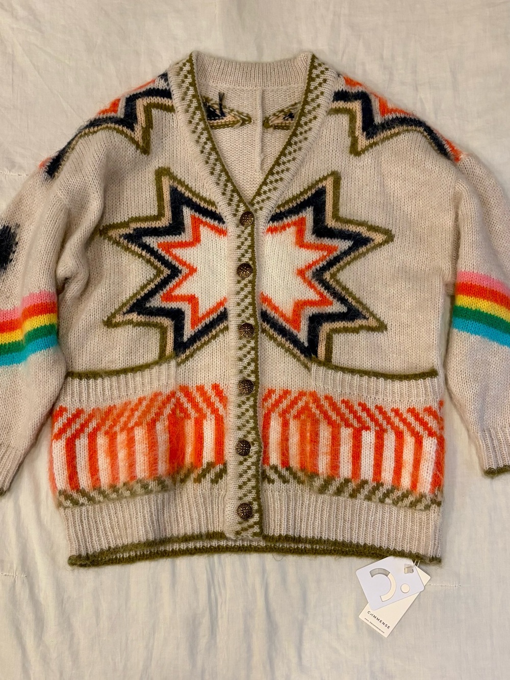 Commense Cream Knit Cardigan with Orange, Navy, Olive & Rainbow Accents